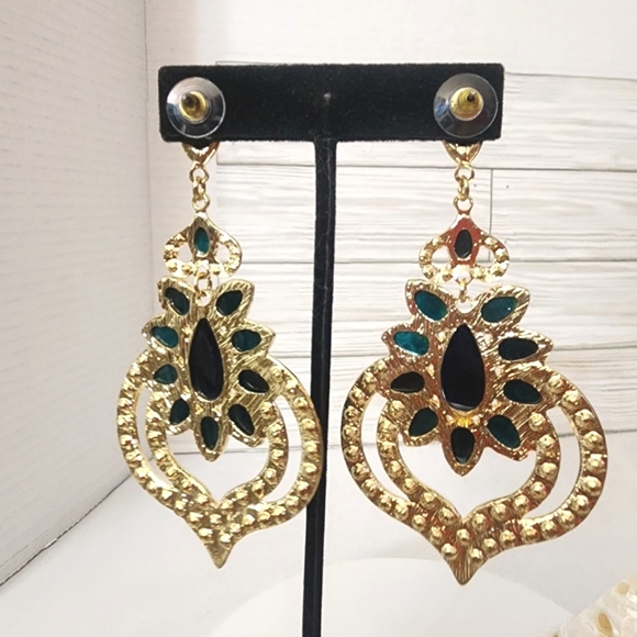 Large Glam Statement Blue Green Earrings - Picture 8 of 9